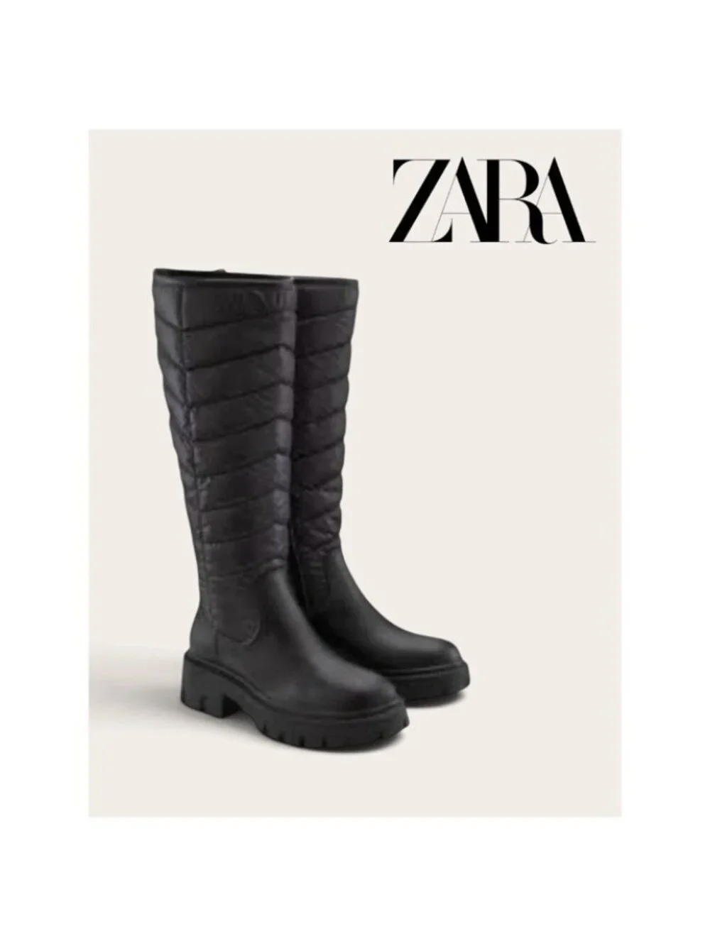 Zara Boots | Zara Low Heel Quilted Tall Chevron Boots Women US 6 Black Lug Sole